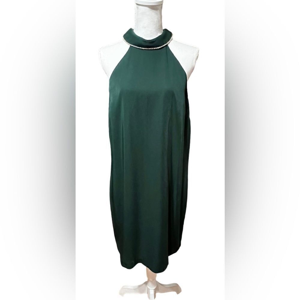 Trina Turk Women Size 12 Hunter Green Embellished High Neck Halter Shift Dress